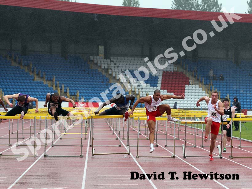 97 Nicholas Gayle (Sale Harriers) and winner 100 Matt Hudson (City of Sheffield) 110 metres Hurdles at the 2012 England and North Champs.